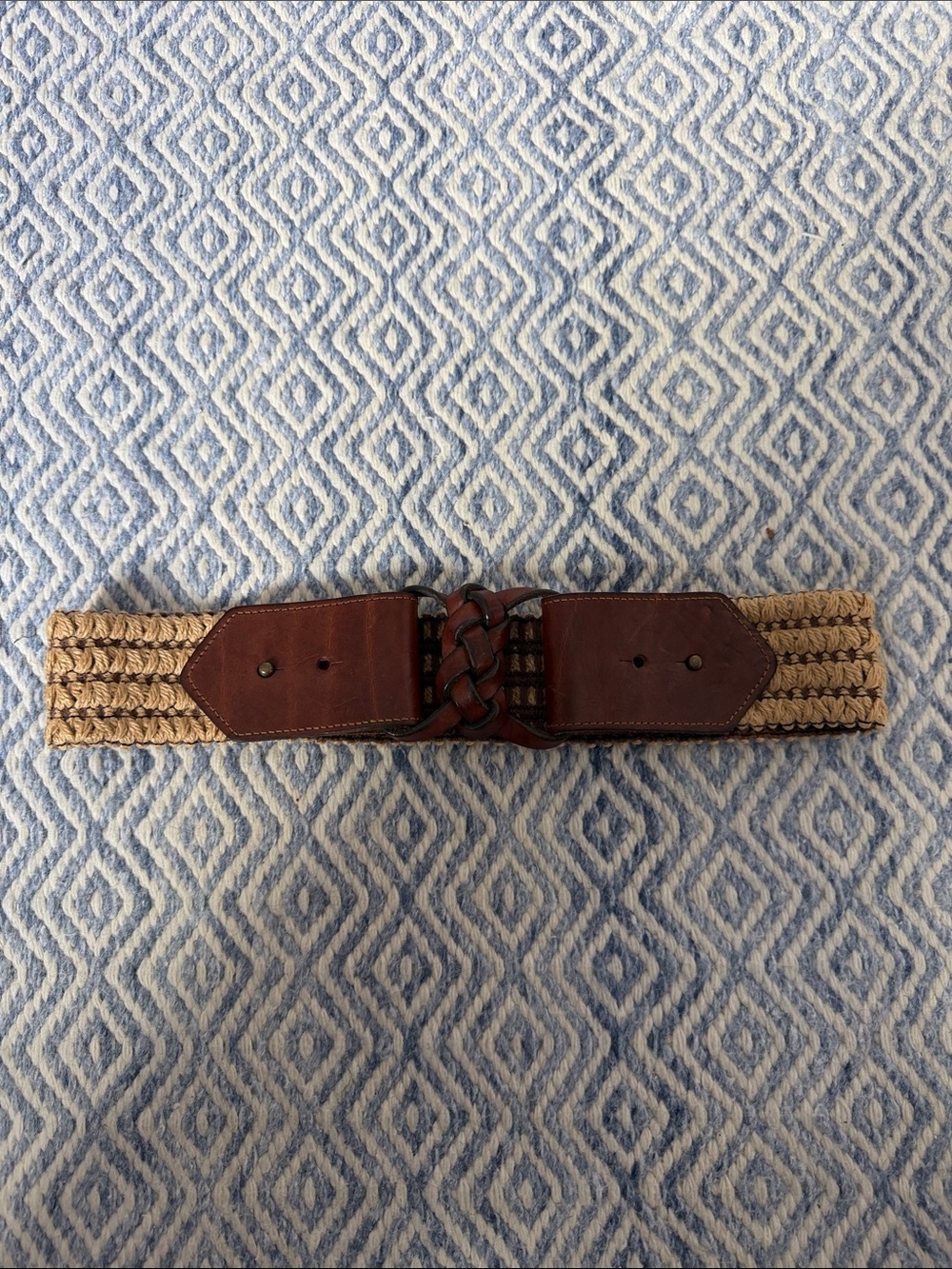 Woven Tan Elastic Waist Belt with Brown Leather Accents